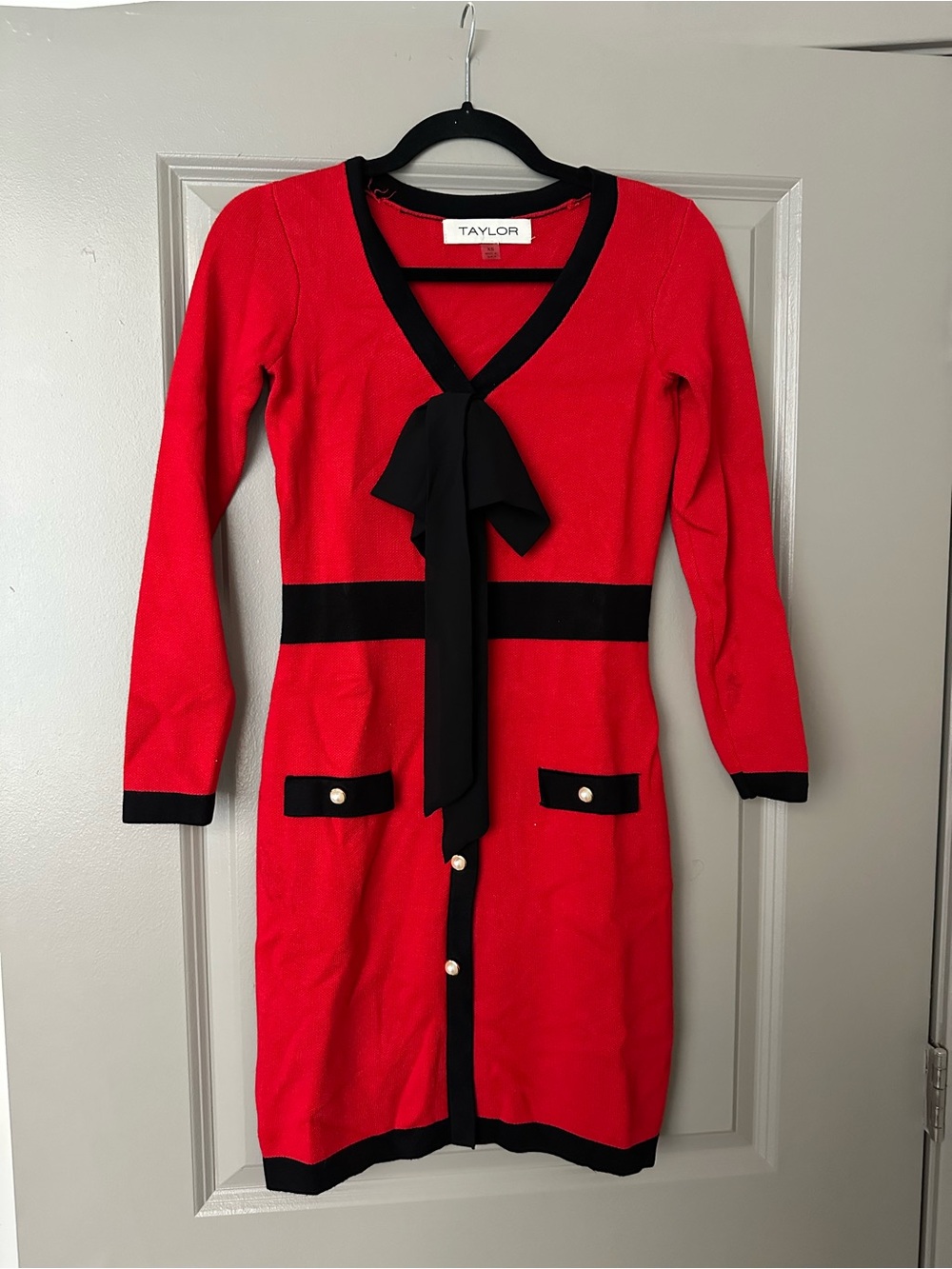 Taylor Red Knit Dress with Black Trim and Bow